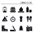 Hiking and Camping Icons Set. Outdoor Camp Sign and Symbol. Backpacking Adventure.