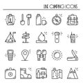 Hiking and Camping Line Icons Set. Outdoor Camp Sign and Symbol. Backpacking Adventure.