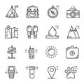 Hiking and Camping Line Icons Set. Outdoor Camp Sign and Symbol. Backpacking Adventure.