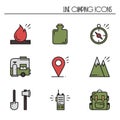 Hiking and Camping Line Icons Set. Outdoor Camp Sign and Symbol. Backpacking Adventure. Camping Stuff and Accessories.