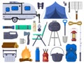 Hiking camping outdoor adventure tourist elements. Nature adventure tent, mobile home, grill, campfire, binoculars