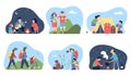 Hiking characters cartoon flat scenes. Tourist with backpacks, adventure and expedition on nature. Family at night fire