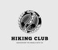 Hiking club vector illustration with footprints on world globe background