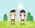 Hiking concept, cute hiker character with equipment in flat design with landscape background of mountain and grass field Royalty Free Stock Photo