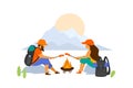 Hiking couple sitting at campfire isolated vector graphic