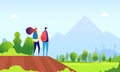 Hiking couple. Young female hike in nature landscape. Man and woman tourists, hikers in summer outdoors vector cartoon