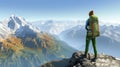 A lonely woman enjoys the view of the summer mountains while he standing on a mountain peak. Royalty Free Stock Photo