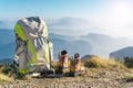 Hiking equipment. Backpack and boots on top of mountain Corno di Tres, Tresner Horn, Trentino, South Tyrol, Val di Non Royalty Free Stock Photo