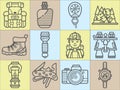 Hiking equipment and forest leasure vector icon set. Mountain hiking and trekking elements. Multitool, lantern, binocular, hiking. Royalty Free Stock Photo