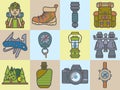 Hiking equipment and forest leasure vector icon set. Mountain hiking and trekking elements. Multitool, lantern, binocular, hiking. Royalty Free Stock Photo