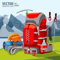 Hiking equipment, rucksack, poles, rope, helmet, ice pick. Mountaineering. Mountains. Vector illustration. Royalty Free Stock Photo