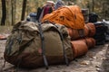 Hiking equipment on the trail in autumn forest. Backpack and backpack. travel bags in front of a camping tent hiking gear, AI