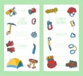 Hiking equipment vector illustration. Mountain climbing, alpinism and mountaineering cartoon icons templates for flyers