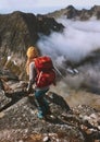 Hiking expedition woman backpacking in mountains Royalty Free Stock Photo