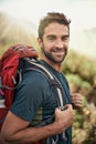 Hiking, Fitness And Portrait Of Man On Mountain For Peace, Adventure And Travel Journey. Backpacking, Summer And Workout