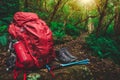 Hiking gear set in jungle of Tasmania, Australia.