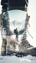 Hiking gear on a snowy mountain trail, their faces and hair whipped by strong gusts of icy wind Royalty Free Stock Photo