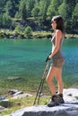 Hiking girl rests at Arpy lake