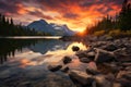 Hiking haven High Tatra mountain peaks, calm lake, autumn sunset