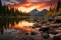 Hiking haven High Tatra mountain peaks, calm lake, autumn sunset