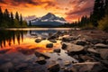 Hiking haven High Tatra mountain peaks, calm lake, autumn sunset