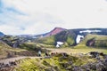 HIking in the highlands Road with Snow, Geothermal Spots and Green Volcanic Moss in Landmannalaugar, Iceland