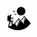 Hiking icon. Vector illustration of a silhouette of a man with backpack on the background of mountains, generative ai Royalty Free Stock Photo