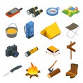 Hiking icons set. Camping equipment vector collection. Binoculars, bowl, barbecue, boat, lantern, shoes, hat, tent