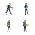Hiking icons set cartoon vector. Group of tourist with backpack and map