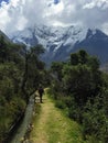 Hiking with an Inca guide through the Andes on the Salkantay trek on the way to Macchu Picchu, Peru Royalty Free Stock Photo