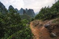 Hiking in the Karst mountains in Guilin region of South China, close to Xingping village, Li River Royalty Free Stock Photo