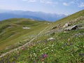 Hiking at Koruldi lakes, beautiful view of Great Caucasus mountains close to Mestia in Upper Svaneti, Georgia. Royalty Free Stock Photo