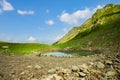 Hiking lake on the top of a mountain with blue water among green meadows