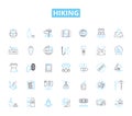 Hiking linear icons set. Trail, Summit, Scramble, Backpack, Trek, Waterfall, Breath-taking line vector and concept signs