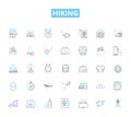 Hiking linear icons set. Trail, Summit, Scramble, Backpack, Trek, Waterfall, Breath-taking line vector and concept signs