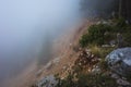 Hiking on Lycian way. Atmospheric landscape of old landslide on mountain forest with thick fog and hiker