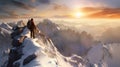 Hiking Man Celebrating on Snow Mountain Top in Winter, Ideal for Fresh Start Celebrations, Ai generative