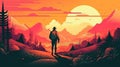 a hiking man at sunset, cartoon illustration, ai generated image Royalty Free Stock Photo