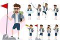 Hiking man vector character set. Male tourist climber characters in different activity poses summer adventure while standing.