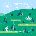 Hiking map, forest trail, running or cycling path, orienteering game, lush landscape with hills and trees Royalty Free Stock Photo