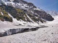 Hiking on a melting glacier in an epic Indian Himalayan Mountain Valley trail. Humpta Pass trek near Manali India.