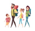 Hiking. Mom dad daughter son with backpacks. Isolated tourists characters vacation or family trip vector illustration Royalty Free Stock Photo