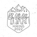 Hiking, mountain expedition badge. Vector illustration. Concept for shirt or logo, print, stamp or tee. Vintage line art