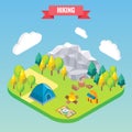 Hiking in mountain forest isometric concept. Vector illustration in flat 3d style. Outdoor activity Royalty Free Stock Photo