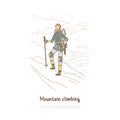 Hiking, mountain winter climbing, female hiker with professional mountaineering equipment banner template