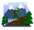 Hiking in the mountains. A happy tourist conquers the top of the mountain. Walking tour. Vector illustration. Flat