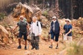 Hiking, nature and group of old men on mountain for fitness, trekking and backpacking adventure. Explorer, discovery and Royalty Free Stock Photo