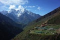 Hiking in Nepal Himalayas, Amazing view of Dhole village 4200 m with Thamserku mountain Royalty Free Stock Photo