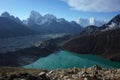 Hiking in Nepal Himalayas, Clouds are reflecting in Gokyo lake, with view of Gokyo village Royalty Free Stock Photo