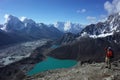 Hiking in Nepal Himalayas, Male tourist on Gokyo Ri with view of Gokyo lake, Gokyo village, Ngozumba glacier and mountain Royalty Free Stock Photo